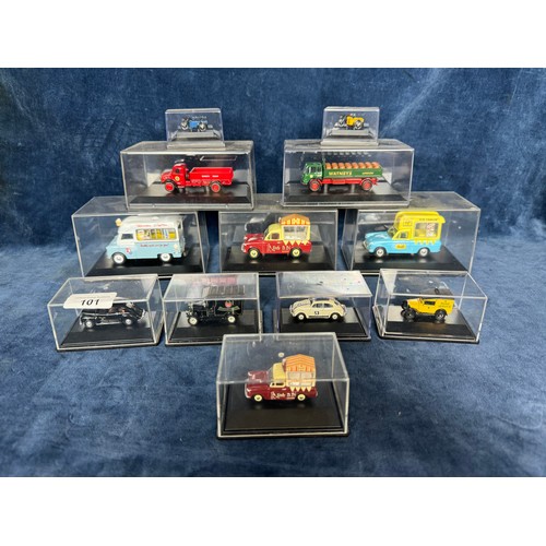 101 - Twelve Oxford Diecast model vehicles in display cases comprising motorcycle and side car, Walls Ice ... 