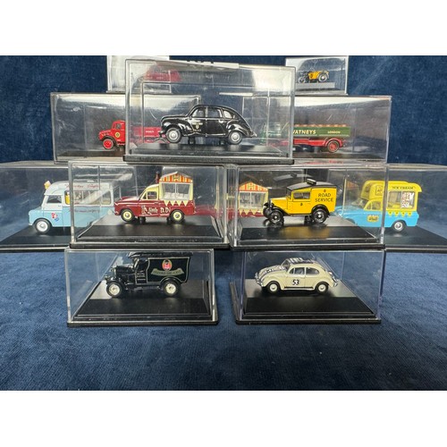 101 - Twelve Oxford Diecast model vehicles in display cases comprising motorcycle and side car, Walls Ice ... 