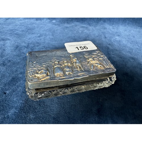 156 - A cut glass box (possibly part of a desk set) with three compartments and an embossed silver and  hi... 