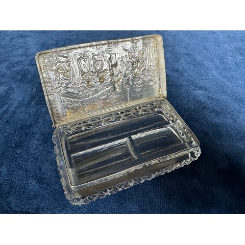 156 - A cut glass box (possibly part of a desk set) with three compartments and an embossed silver and  hi... 