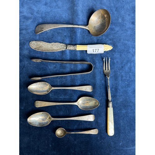 177 - Eight various pieces of hallmarked silver cutlery comprising small ladle, sugar tongs, pickle fork, ... 