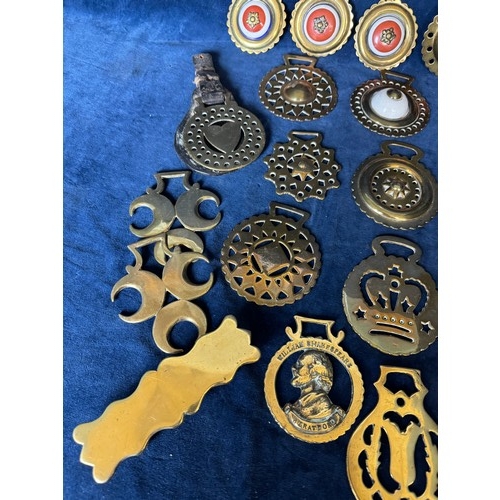 116 - Seventeen vintage horse brasses and 7 enamel saddle decorations including Wisbech Camera Club 1950-2... 