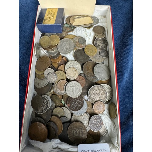 212 - A RED BOX CONTAINING A QTY OF FOREIGN AND OTHER COINS