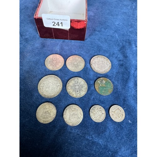 241 - A box of coins including 2 half crowns – 1920 and 1921, 3 One Florin coins – 1921, 1922 and 1922, 2 ... 