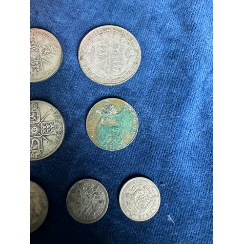 241 - A box of coins including 2 half crowns – 1920 and 1921, 3 One Florin coins – 1921, 1922 and 1922, 2 ... 