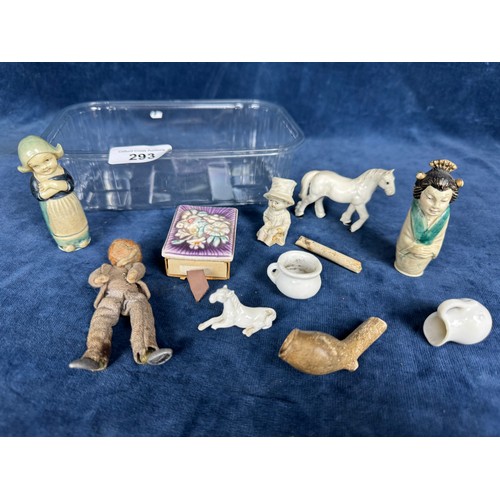 293 - A tub of collectable items including a small toy figure, cotton holders in the shape of girls, horse... 