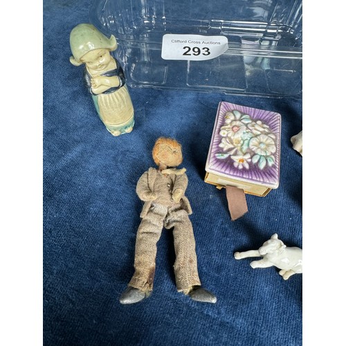 293 - A tub of collectable items including a small toy figure, cotton holders in the shape of girls, horse... 