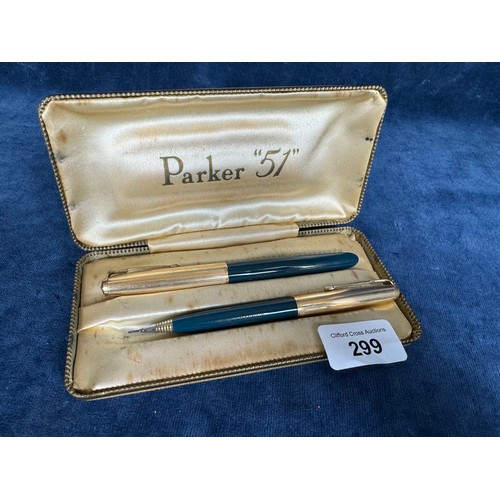 299 - A Parker 51 pen and pencil set in presentation case - pen engraved 