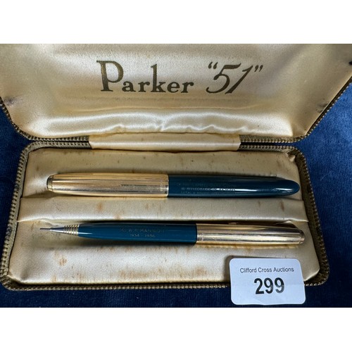 299 - A Parker 51 pen and pencil set in presentation case - pen engraved 