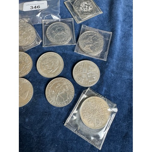 346 - A bag containing 16 commemorative coins comprising – Tower of London 1981, in a case, 9 1977 Silver ... 