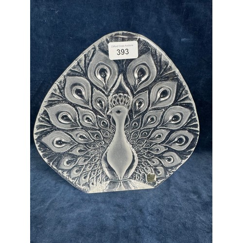 393 - A large full lead crystal deep relief glass block of a Peacock designed by Mats Jonasson for Royal K... 