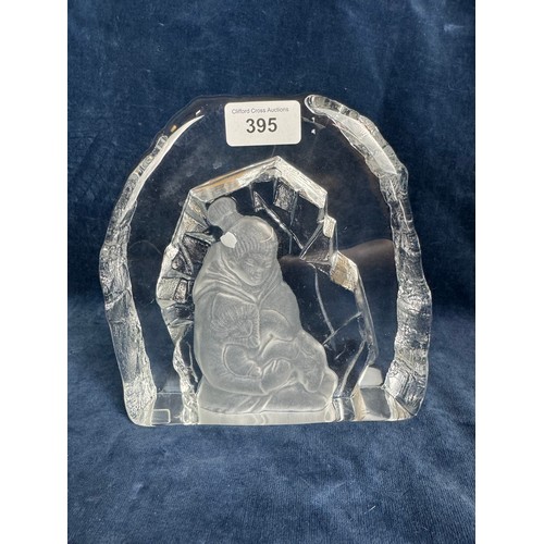 395 - A vintage deep relief glass block sculpture of an Inuit Eskimo Mother and Child designed by Rune Str... 