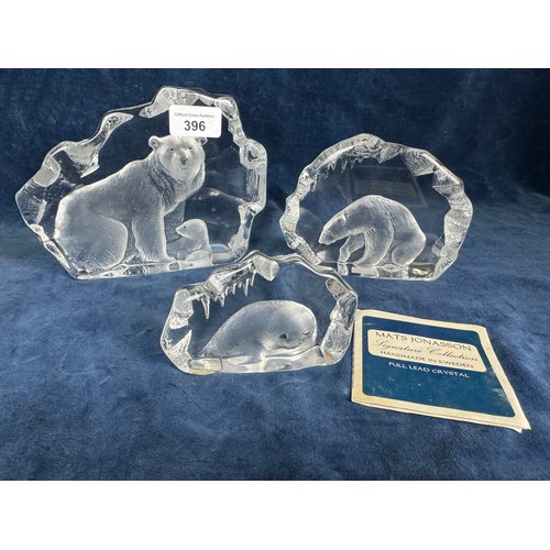 396 - Three pieces of full lead crystal deep relief glass block sculptures depicting Polar Bears as part o... 