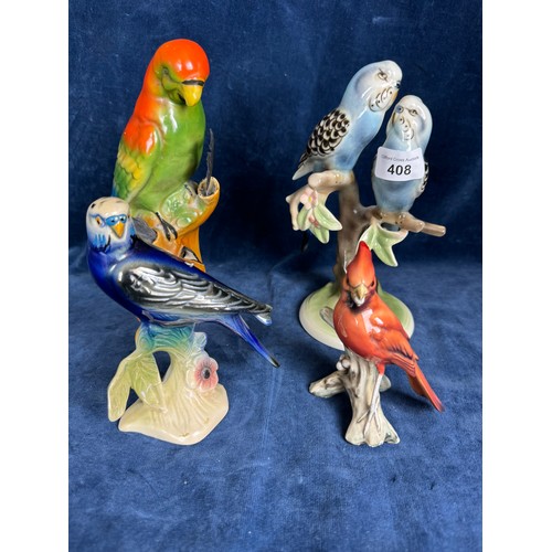 408 - 4 pottery figures and figure groups of birds by various designers including a Wren, Keramos duo figu... 