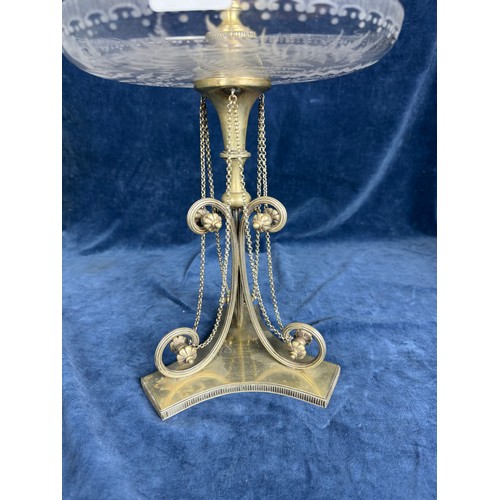 410 - A mid Victorian silver plate and etched glass epergne with scroll and chain decoration, engraved 