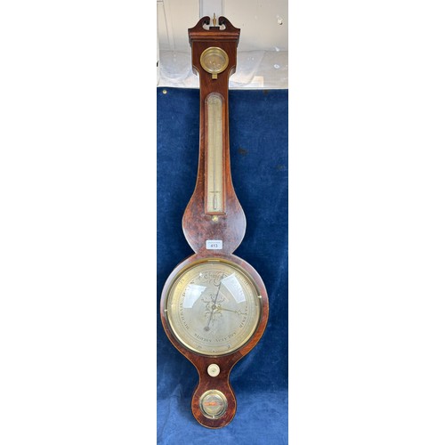 413 - An antique mahogany cased banjo barometer with inlaid banding and brass framed dials, marked 