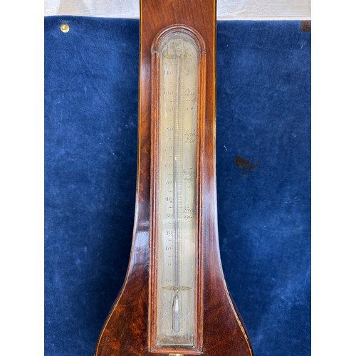 413 - An antique mahogany cased banjo barometer with inlaid banding and brass framed dials, marked 