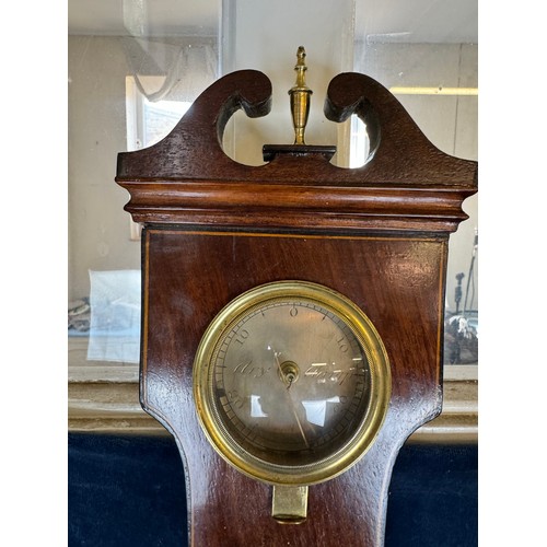 413 - An antique mahogany cased banjo barometer with inlaid banding and brass framed dials, marked 