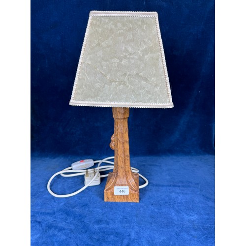 446 - A handcarved solid oak, light fume, table lamp by Robert 