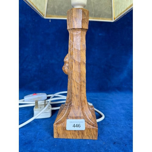 446 - A handcarved solid oak, light fume, table lamp by Robert 