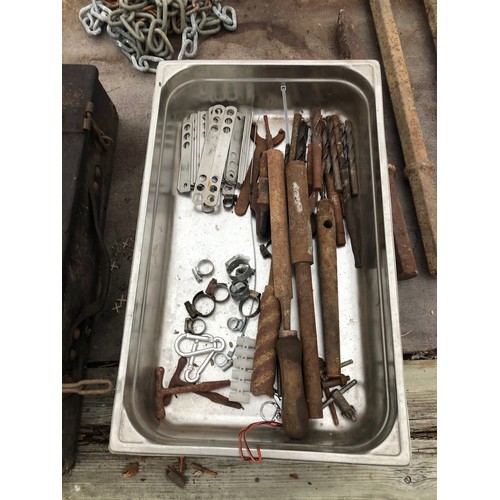 128 - A stainless steel tray of drill bits and sundries