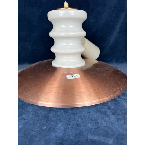 676 - A copper coloured light fitting with opaque glass stem