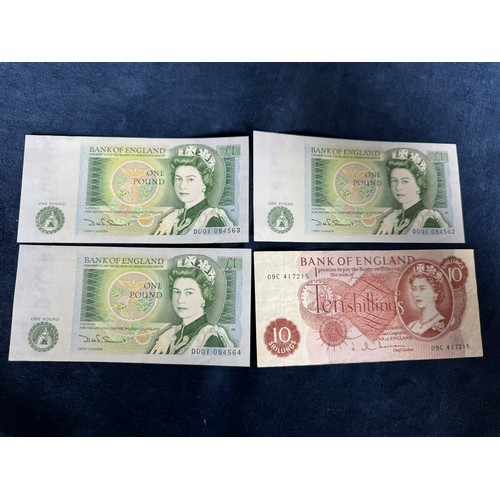 244 - 3 £1 pound notes being numbered consecutively 084562, 084563 and 084564 together with a 10 shilling ... 