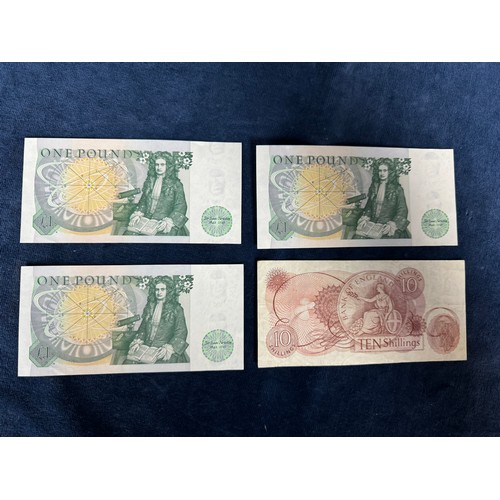 244 - 3 £1 pound notes being numbered consecutively 084562, 084563 and 084564 together with a 10 shilling ... 