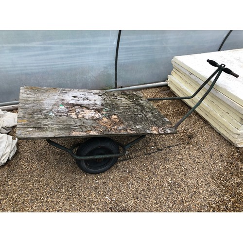 52 - A flat bed 2 wheel nursery barrow with single handle.