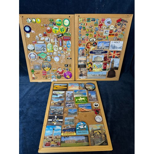 420 - Three cork boards containing a large quantity of pin badges and magnets of various location for UK a... 