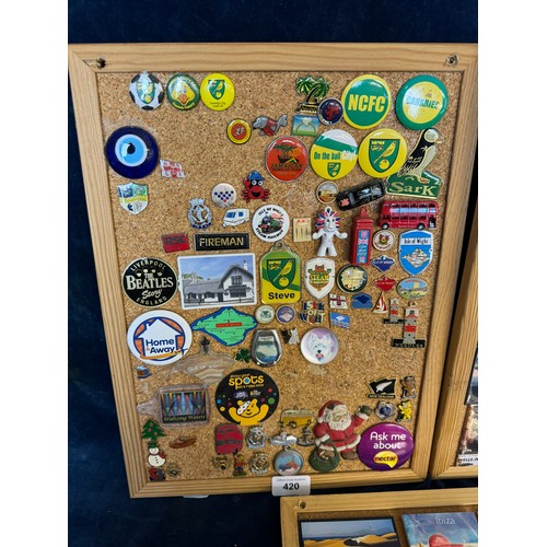 420 - Three cork boards containing a large quantity of pin badges and magnets of various location for UK a... 