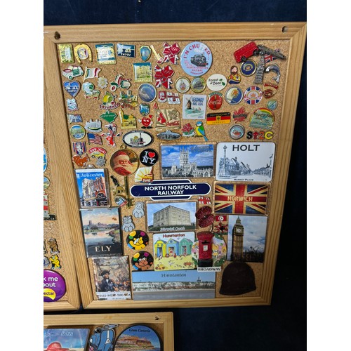 420 - Three cork boards containing a large quantity of pin badges and magnets of various location for UK a... 