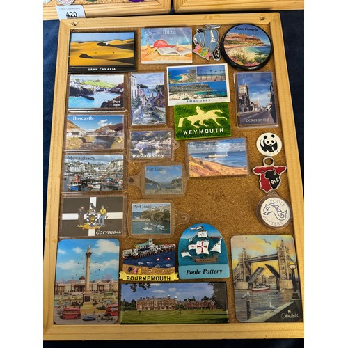 420 - Three cork boards containing a large quantity of pin badges and magnets of various location for UK a... 