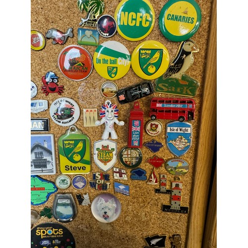 420 - Three cork boards containing a large quantity of pin badges and magnets of various location for UK a... 