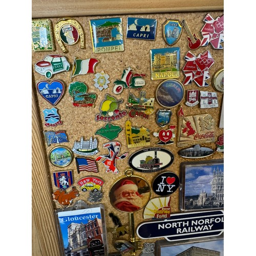 420 - Three cork boards containing a large quantity of pin badges and magnets of various location for UK a... 