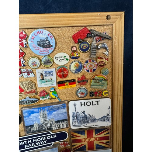 420 - Three cork boards containing a large quantity of pin badges and magnets of various location for UK a... 