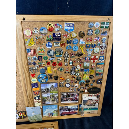 421 - Three cork boards containing a large quantity of pin badges and magnets of various location for UK a... 