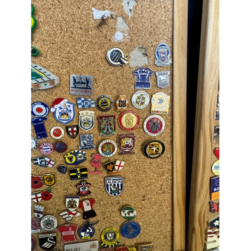 421 - Three cork boards containing a large quantity of pin badges and magnets of various location for UK a... 