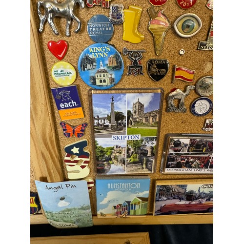 421 - Three cork boards containing a large quantity of pin badges and magnets of various location for UK a... 