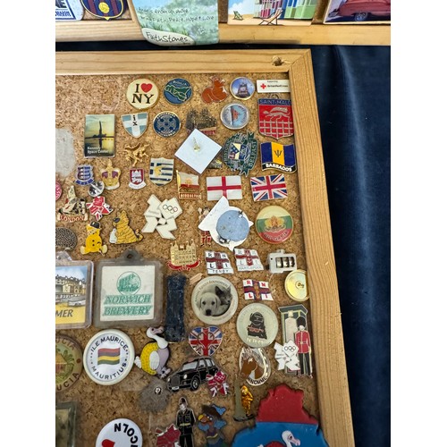 421 - Three cork boards containing a large quantity of pin badges and magnets of various location for UK a... 