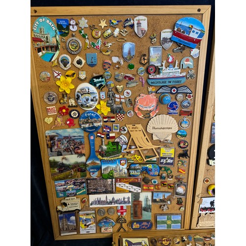 422 - Three cork boards containing a large quantity of pin badges and magnets of various location for UK a... 