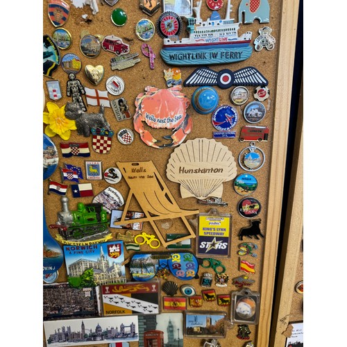 422 - Three cork boards containing a large quantity of pin badges and magnets of various location for UK a... 