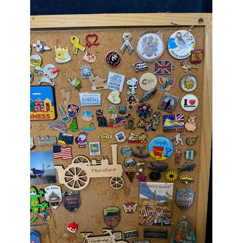 422 - Three cork boards containing a large quantity of pin badges and magnets of various location for UK a... 