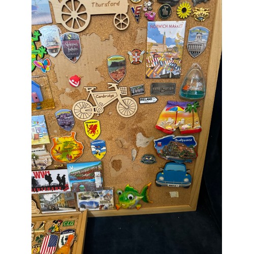 422 - Three cork boards containing a large quantity of pin badges and magnets of various location for UK a... 