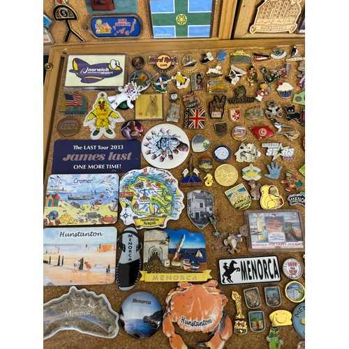 422 - Three cork boards containing a large quantity of pin badges and magnets of various location for UK a... 