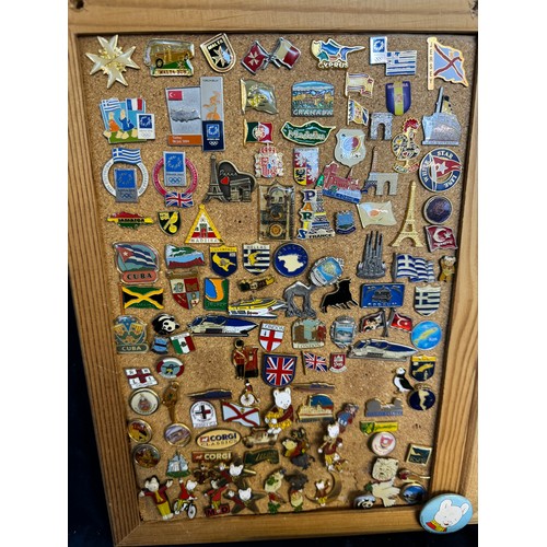 426 - Three cork boards containing a large quantity of pin badges and magnets of various location for UK a... 