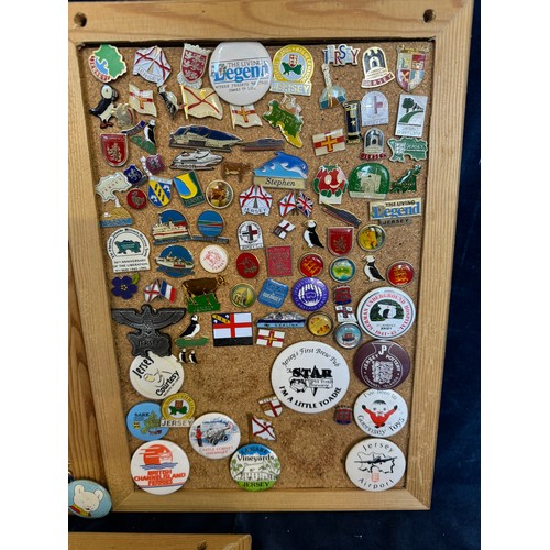 426 - Three cork boards containing a large quantity of pin badges and magnets of various location for UK a... 