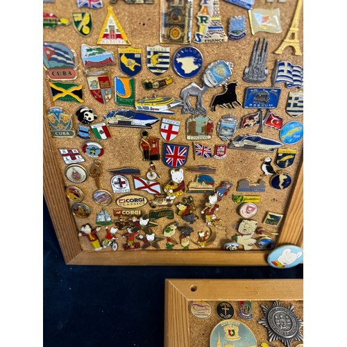 426 - Three cork boards containing a large quantity of pin badges and magnets of various location for UK a... 