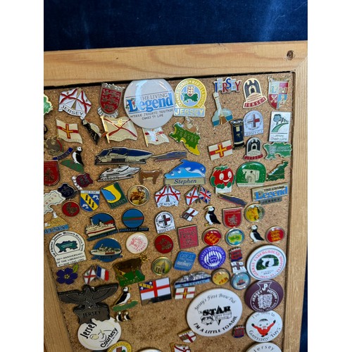 426 - Three cork boards containing a large quantity of pin badges and magnets of various location for UK a... 