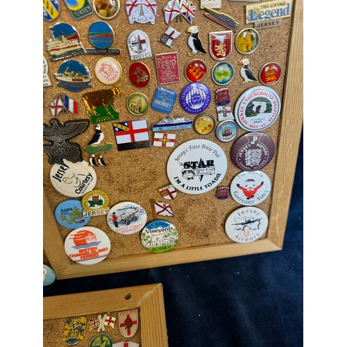 426 - Three cork boards containing a large quantity of pin badges and magnets of various location for UK a... 